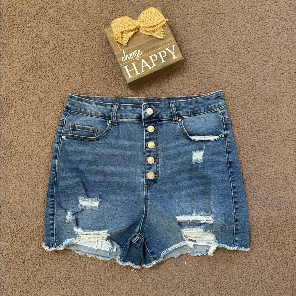 Refuge Button Front Distressed Midi Shorts - Picture 1 of 6